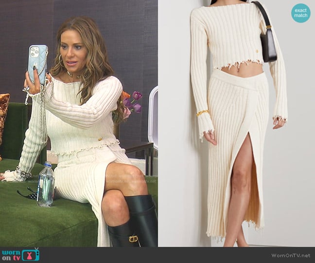 Balmain Off-the-Shoulder Distressed Ribbed Cotton-Blend Sweater worn by Dorit Kemsley on The Real Housewives of Beverly Hills