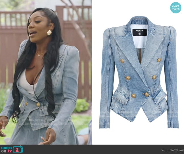 Balmain Double-breasted denim blazer worn by Wendy Osefo on The Real Housewives of Potomac