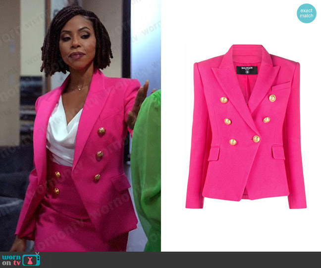 Balmain Embossed-button double-breasted blazer worn by Andrea Barnes (Kj Smith) on Tyler Perrys Sistas