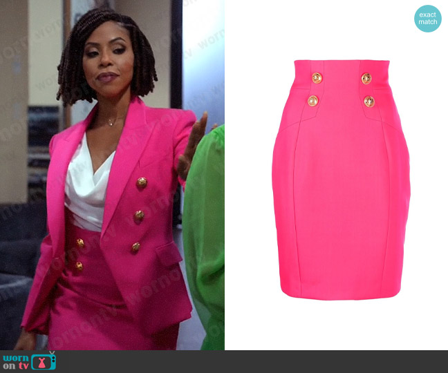 Balmain Logo-button pencil skirt worn by Andrea Barnes (Kj Smith) on Tyler Perrys Sistas
