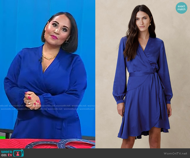Banana Republic Belicia Satin Wrap Dress in Mountain Blue worn by Alejandra Ramos on Today