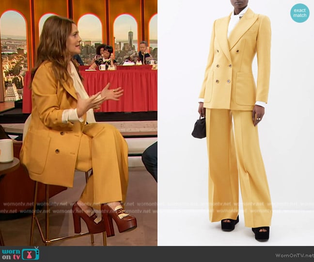 Bella Freud Bianca double-breasted wool-twill suit jacket worn by Drew Barrymore on The Drew Barrymore Show