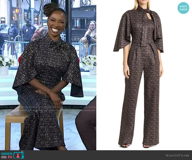 Black Halo Coralia Tie Neck Tweed Jumpsuit in Woolen Essence worn by Shanola Hampton on Today