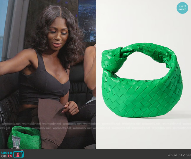 Bottega Veneta Jodie mini Intrecciato-leather clutch bag worn by Kiki Barth (Kiki Barth) on The Real Housewives of Miami