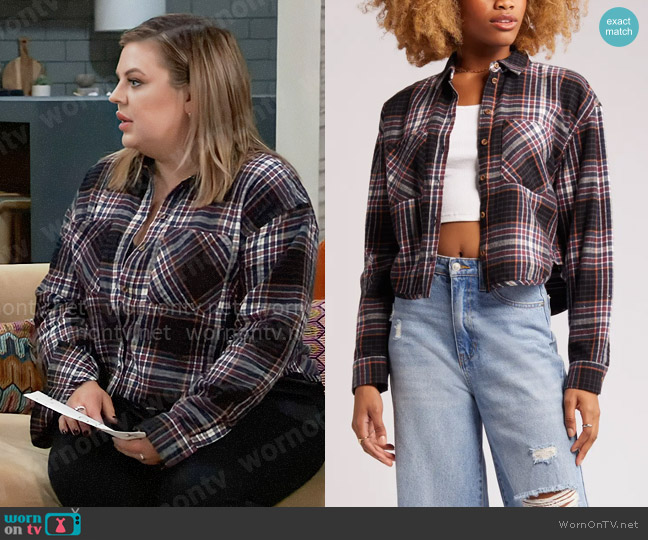 BP Plaid Crop Flannel Button-Up Shirt in Black Thea Plaid worn by Maxie Jones (Kirsten Storms) on General Hospital