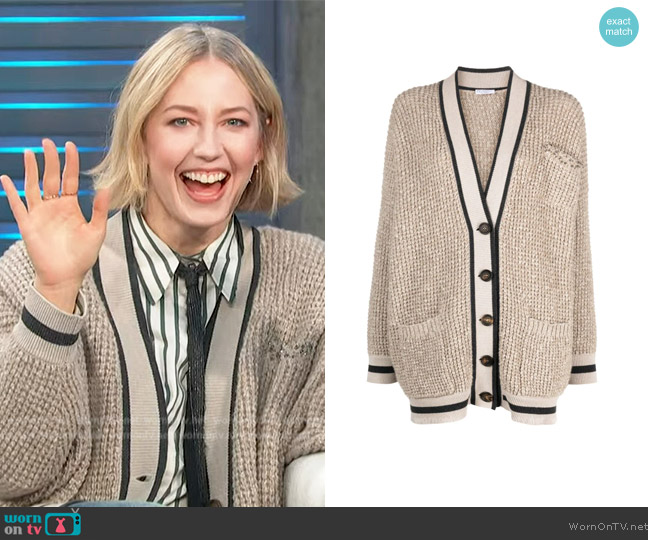 Brunello Cucinelli Embellished knitted cardigan worn by Carrie Coon on Access Hollywood
