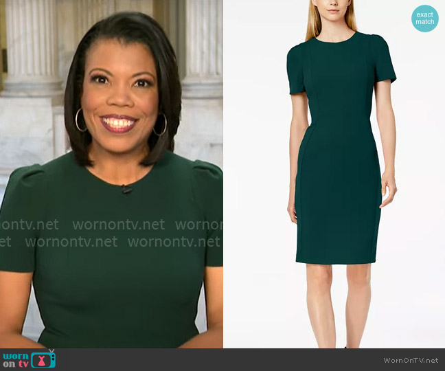 Calvin Klein Round-Neck Short-Sleeve Sheath Dress in Malachite worn by Nikole Killion on CBS Mornings