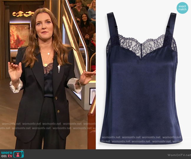 Cami NYC Seraphina lace-trimmed silk-satin camisole worn by Drew Barrymore on The Drew Barrymore Show
