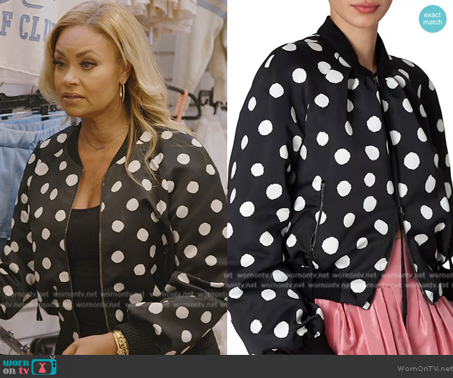 Caroline Herrera Polka dot bomber jacket worn by Gizelle Bryant on The Real Housewives of Potomac