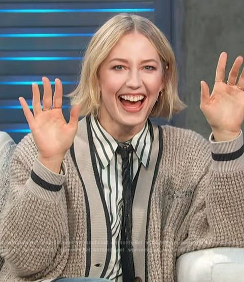 Carrie Coon’s beige knit cardigan on Access Hollywood