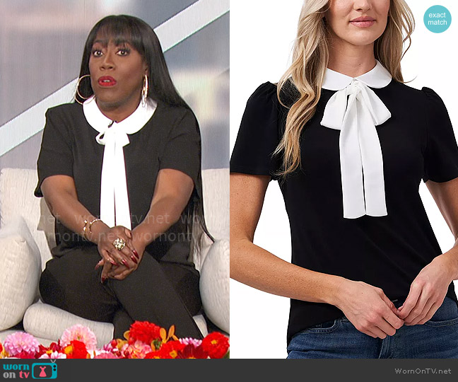CeCe Short Sleeve Collared Bow Neck Knit Top worn by Jerry O'Connell on The Talk
