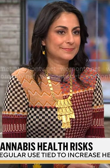 Dr Celine Gounder’s patchwork print sweater on CBS Mornings