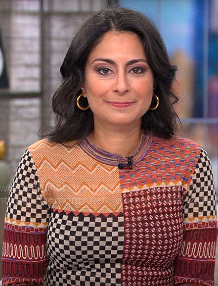 Dr Celine Gounder’s patchwork print sweater on CBS Mornings