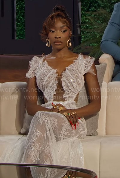 Chelsea’s white lace reunion dress on Selling Sunset