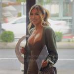 Chrishell’s olive green bustier dress and long olive cardigan on Selling Sunset