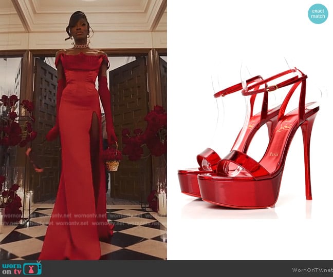 Christian Louboutin Patent Psychic Loubi Queen Alta 150 Platform Sandals worn by Chelsea Lazkani on Selling Sunset