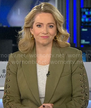 Christina Ruffini’s green blazer with lace up sleeves on CBS Mornings