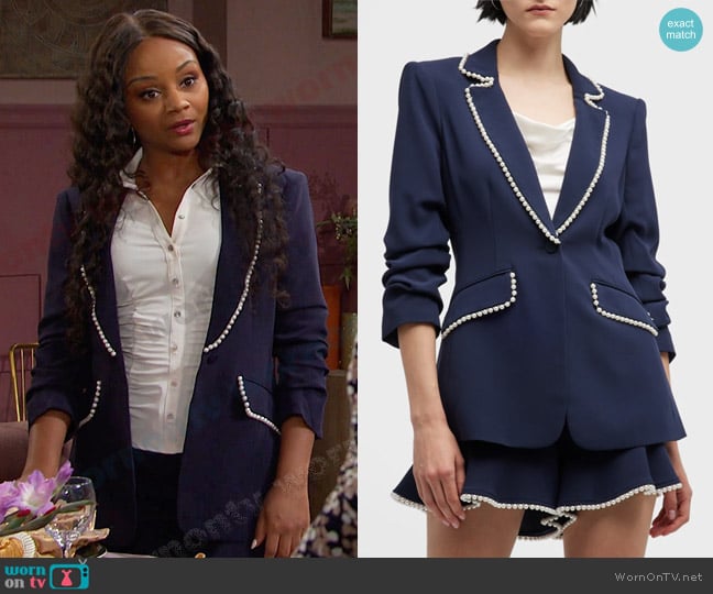 Cinq a Sept Gracey Pearl Blazer worn by Chanel Dupree (Raven Bowens) on Days of our Lives