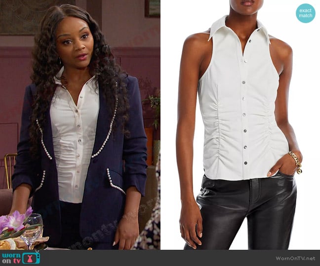 Cinq a Sept Rosalia Ruched Sleeveless Button Front Top worn by Chanel Dupree (Raven Bowens) on Days of our Lives