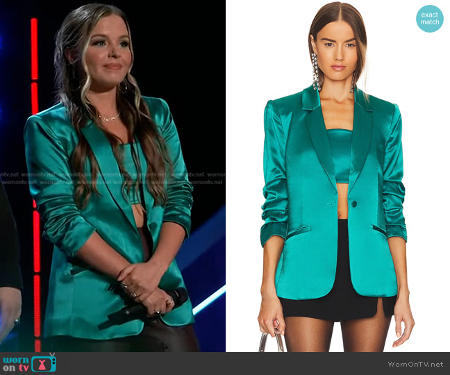 Cinq a Sept Satin Nikki Top in Blue Jade worn by Claudia B. on The Voice