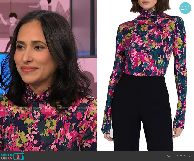 Club Monaco Julie Floral Print Turtleneck Top worn by Grace Bastidas on NBC News Daily