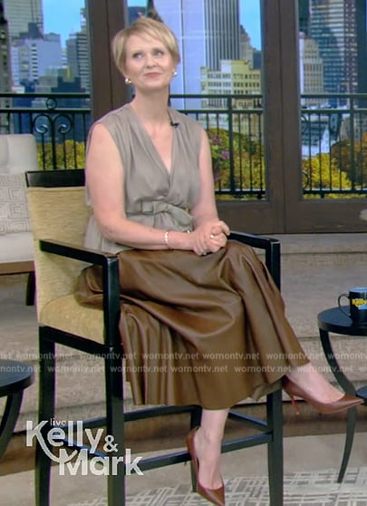 Cynthia Nixon’s gray wrap top and leather skirt on Live with Kelly and Mark