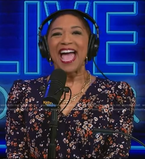 Deja Vu’s blue floral print wrap dress on Live with Kelly and Mark