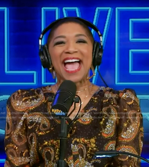 Deja Vu’s black paisley print mini dress on Live with Kelly and Mark