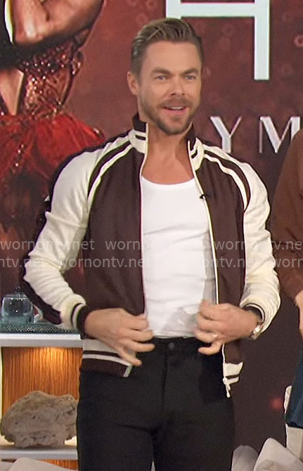 Derek Hough’s brown track jacket on The Talk