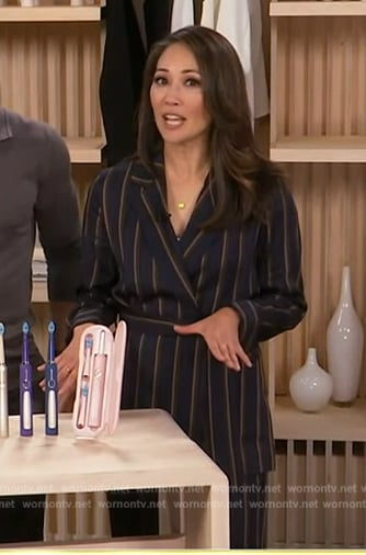 Diane Mizota’s navy stripe blazer and pants on Access Hollywood