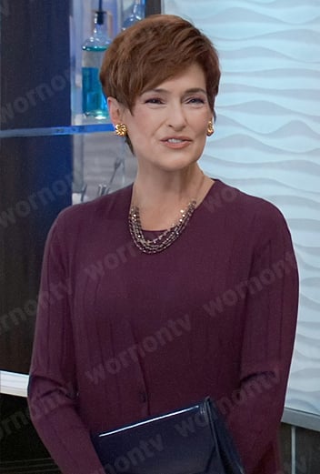 Diane’s purple rib knit top, skirt, and cardigan set on General Hospital