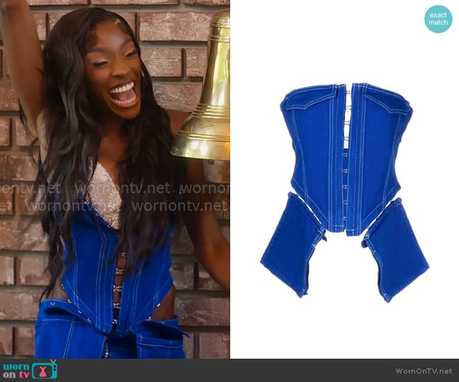 Dion Lee Pocket denim corset worn by Chelsea Lazkani on Selling Sunset