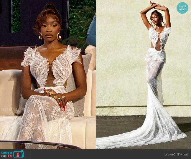 ?o?? Long Lace Bustier Gown worn by Chelsea Lazkani on Selling Sunset