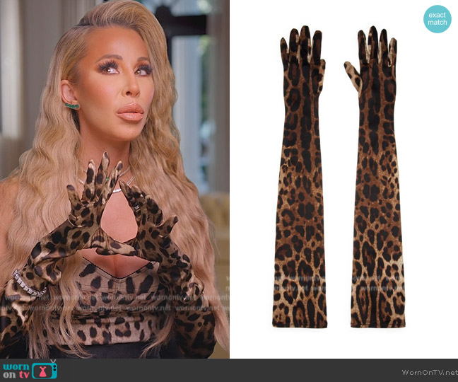 Dolce and Gabbana Leopard Print Stretch Silk Gloves worn by Lisa Hochstein (Lisa Hochstein) on The Real Housewives of Miami