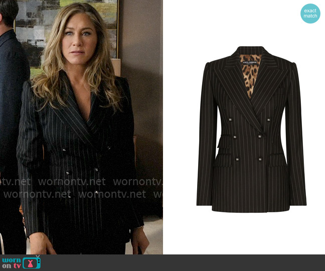Dolce & Gabbana Turlington pinstripe wool-blend blazer worn by Alex Levy (Jennifer Aniston) on The Morning Show