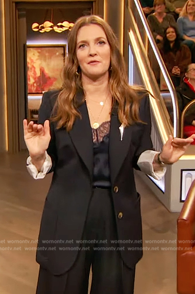 Drew’s lace trim cami and suit on The Drew Barrymore Show
