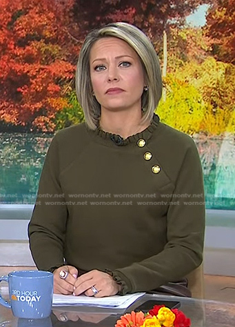 Dylan’s green ruffle trim top with gold buttons on Today