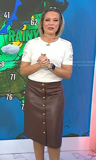 Dylan’s white lace sleeve top and brown leather skirt on Today