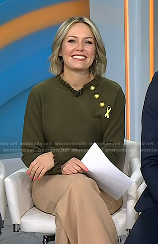 Dylan’s green ruffle trim top with gold buttons on Today