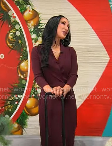 Elizabeth Werner’s burgundy wrap dress on CBS Mornings