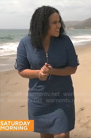 Elise Preston’s denim zip neck dress on CBS Mornings