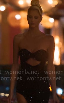 Emma’s black sequin strapless dress with cutout on Selling Sunset