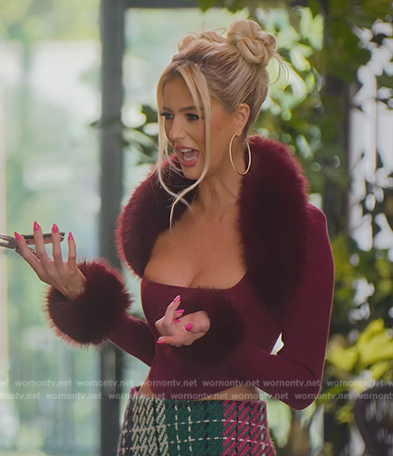 Emma’s burgundy fur trim top and corset on Selling Sunset