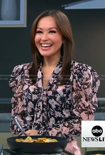 Eva’s black floral blouse and pink satin pants on Good Morning America
