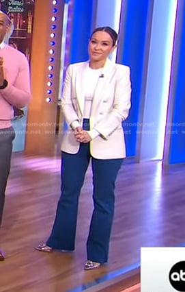 Eva’s white blazer and blue flare pants on Good Morning America