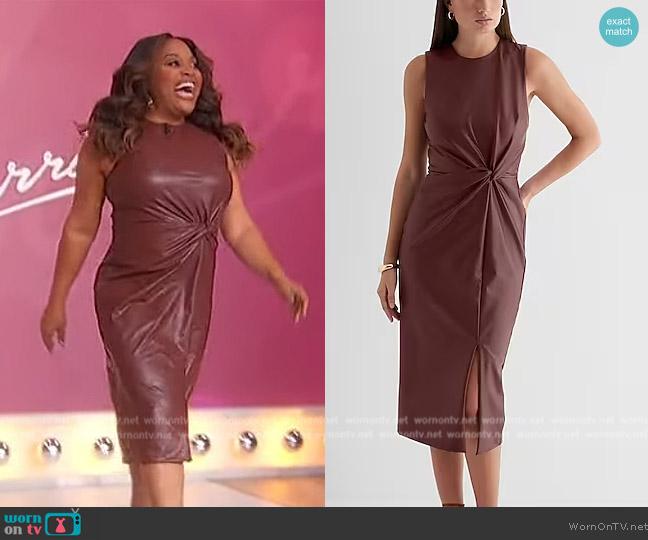 Express Body Contour Faux Leather Twist Front Midi Sheath Dress worn by Sherri Shepherd on Sherri