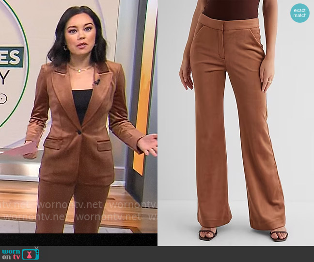 Express Editor High Waisted Velvet Corduroy Trouser Flare Pant in Rust worn by Jo Ling Kent on CBS Mornings