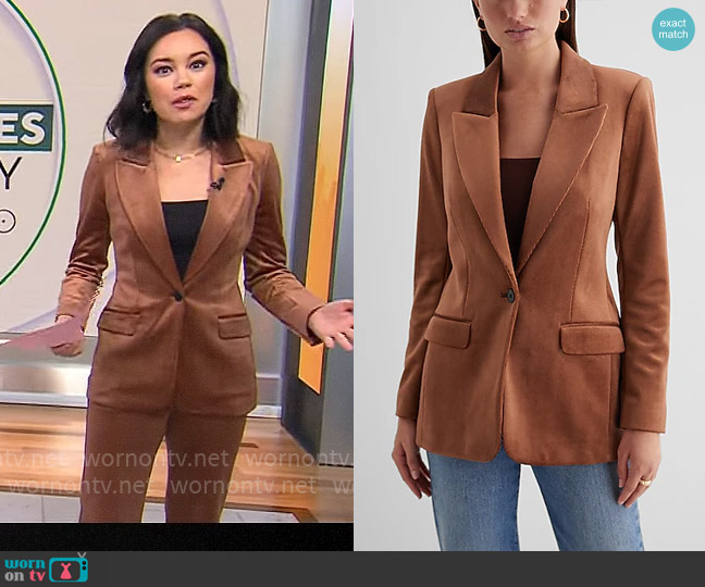 Express Velvet One Button Corduroy Blazer in Rust worn by Jo Ling Kent on CBS Mornings