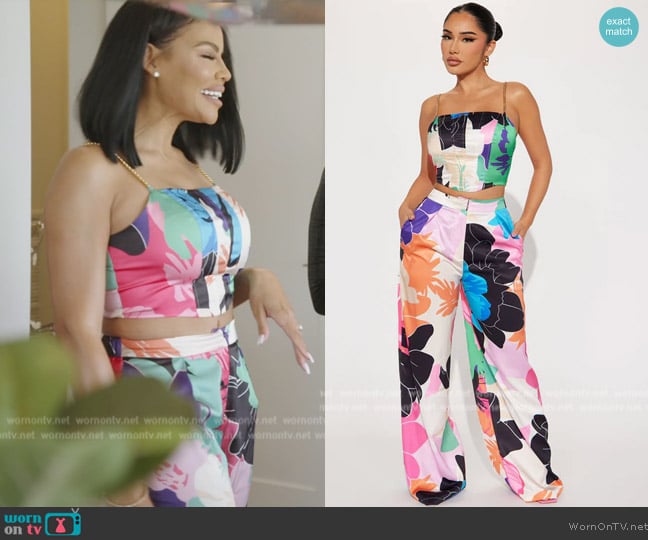 Fashion Nova Feeling Floral Satin Pant Set worn by Mia Thornton on The Real Housewives of Potomac