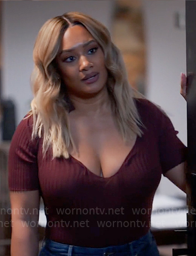 Fatima’s burgundy rib knit top on Tyler Perrys Sistas
